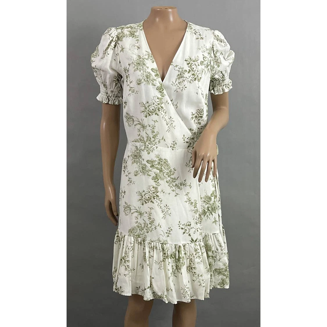Puff sleeve linen wrap mini clearance dress