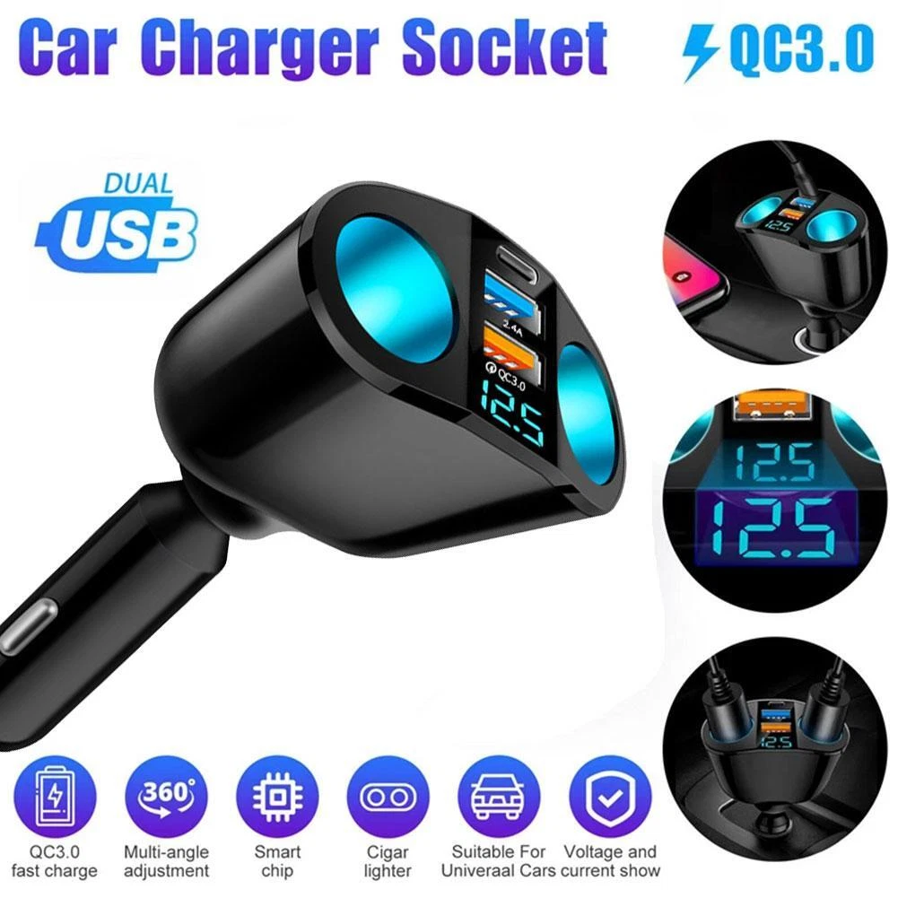 LED Car Cigarette Lighter Adapter Charger 2 Way Dual Plug Socket