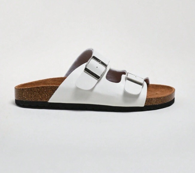 SAOLA Sandali mulo piatto Vegan bianchi ecopelle doppia fibbia argento suola sughero UK 6