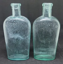 (2) 1880's WARRANTED FLASK HALF PINT AQUA TEAL STRAP SIDE WHISKEY APPLIED TOPS