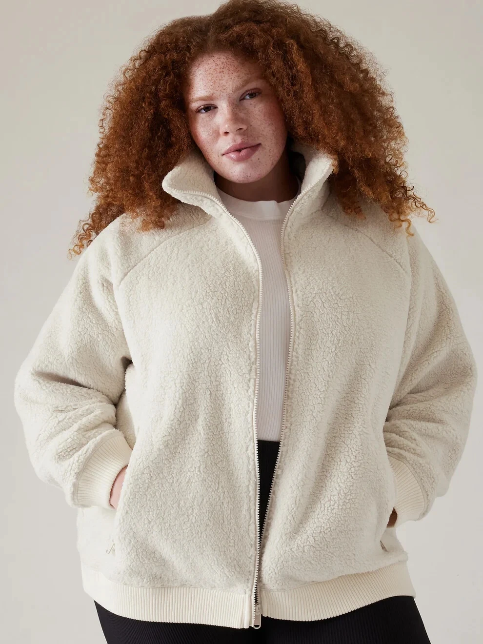 OFF WHITE Giacca Athleta Tugga collo alto sherpa avorio naturale vestibilità rilassata 2X NUOVO