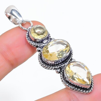 Lemon Quartz Gemstone Handmade 925 Sterling Silver Jewelry Pendant Size 1.75''