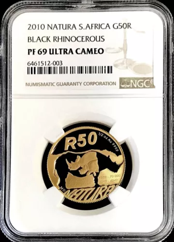 2010 GOLD SOUTH AFRICA 1/2 OZ 50 RAND BLACK RHINO NATURA COIN NGC PROOF 69 UC