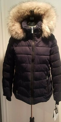 NWT Women's DKNY Navy Quilted Puffer Jacket with Removable Faux Fur Hood Size M