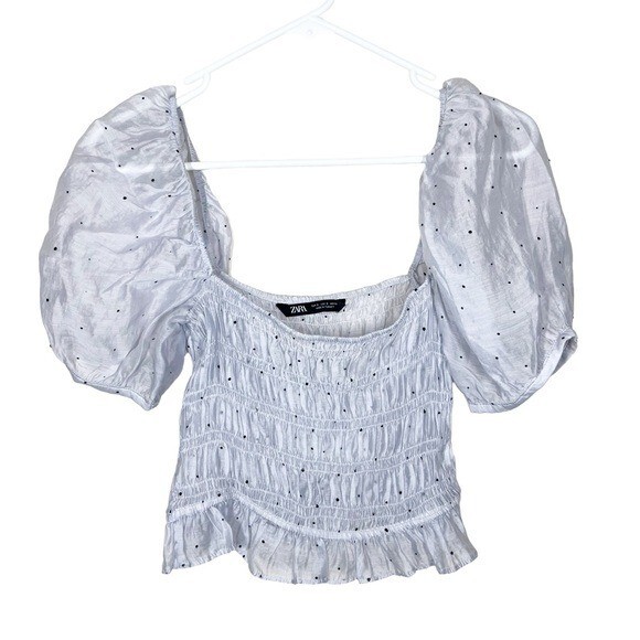 Zara Women's Sheer Polka Dot Smocked Puff Sleeve Crop Blouse Zara Women's Sheer Polka Dot Smocked Puff Sleeve Crop Blouse