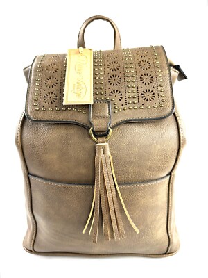 Revive Vintage Brown Faux Leather Backpack Brass Studded Tassel Perforated NWT