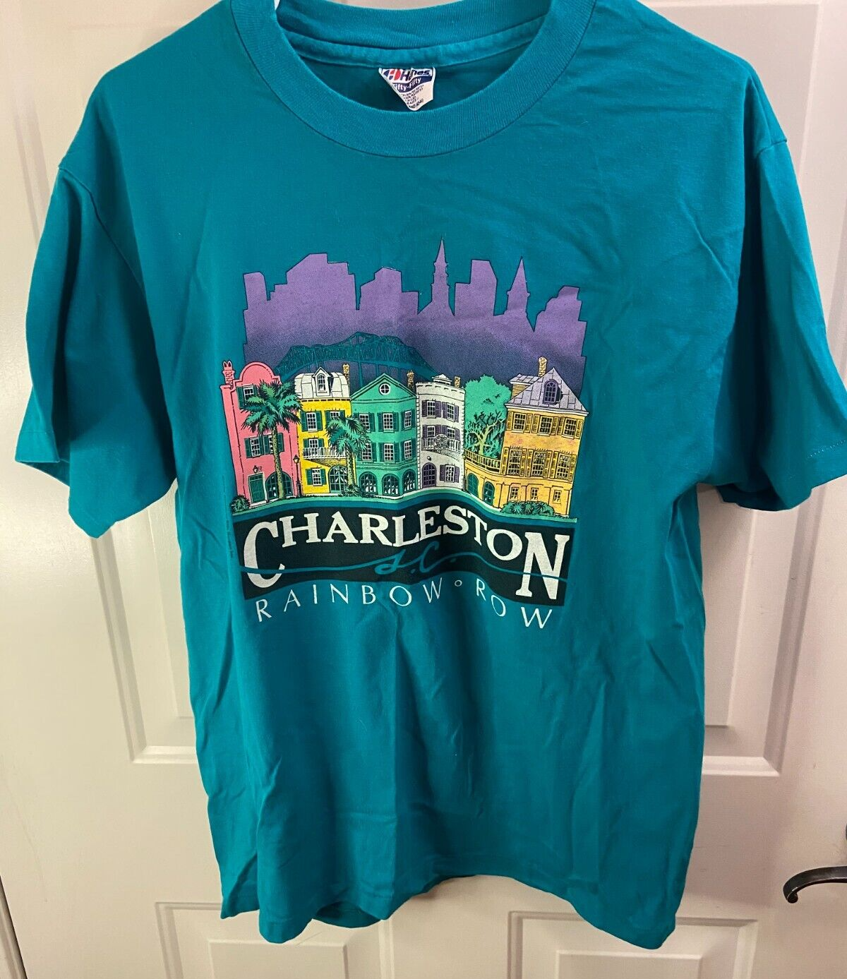 FILA VINTAGE Charleston South Carolina Shirt Mens Large Blue Rainbow Row 80s Hanes