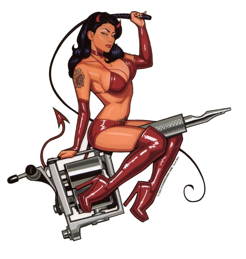 SPS SEXY BIKINI TATTOO GUN DEVIL GIRL #mancave #bumpersticker #STICKER/Vinyl DECAL