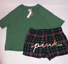 Victoria Secret PINK Pajama Set Short Sleeve & Shorts XS Green Black Red Logo