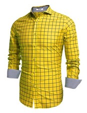 Mens Collared Dress Shirts Slim Fit Plaid Casual Dress Shirt Yellow,L 