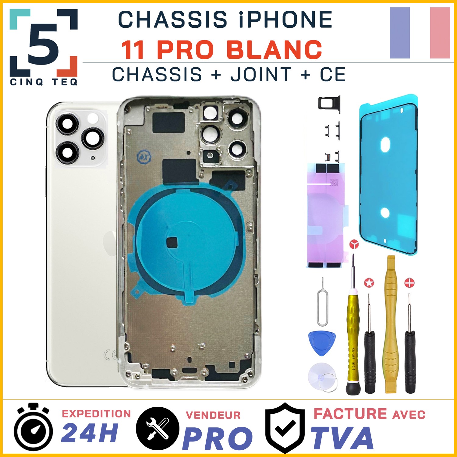 Châssis iPhone 11 Pro blanc argent coque arrière nue bloc interne avec adhésif