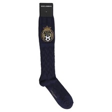 DOLCE & GABBANA Socks Navy Blue Wool Crest Logo Knee High Accessory s. XL 250usd