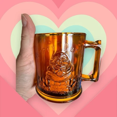 VINTAGE Humpty Dumpty, Tom Tom The Piper's Son, Amber Indiana Glass Cup Mug