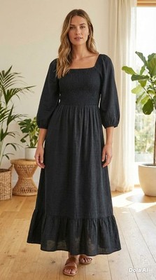 FAT FACE Adele Shirred Black Midi Dress. Size UK 12 Regular . *perfect* RRP £69
