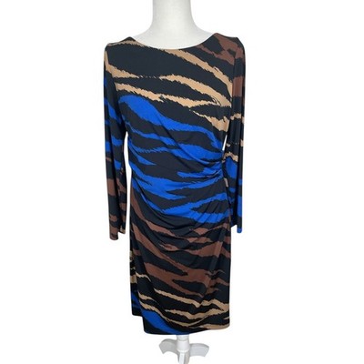 David Meister Jersey Knit Midi Sheath Dress Ruched Tiger Print Size 8 Mob Wife