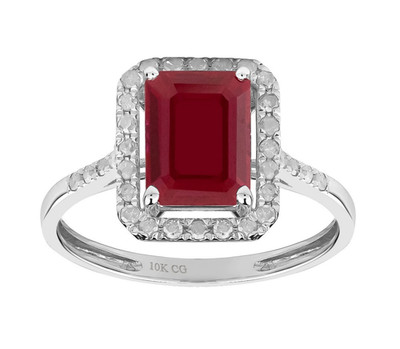 10k massiver Weißgold Smaragdschliff erstellt Rubin und Diamant Halo Geburtsstein Ring
