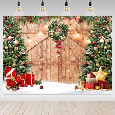 Avezano 8x6FT Rustic Christmas Barn Door Photo Backdrop Banner
