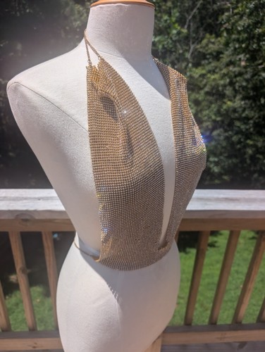 Gold Mesh Plunge Top Sexy Rhinestones Backless Crystal Club Women's Small - Picture 8 of 8