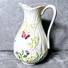 Belleek Ireland Vintage Floral Pitcher Ladybug Butterfly Raised Design Cream Jug