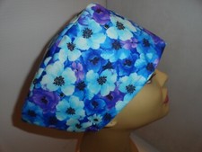 Ladies scrub hat, blue and purple flowers packed, Vashon style, elastic in back