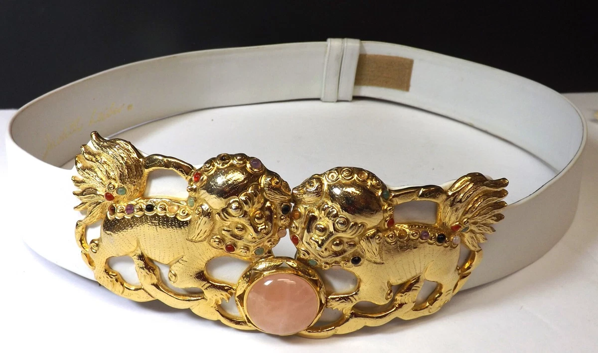 Vintage Judith Leiber Crystal‎ Gold Buckle Wide Waist Leather Belt 37 Old Money JUDITH LEIBER-Black/Gold Belt – Closet NV Shop main image 3
