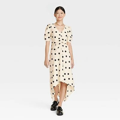 Women s Crepe Short Sleeve Midi Dress A New Day Beige Polka Dots
