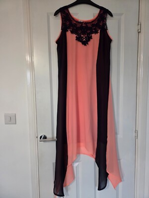 VERO MODA PEACH CORAL NAVY BLUE COLOURBLOCK CROCHET TRIM ASYMMETRIC TUNIC DRESS