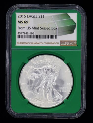2016 S$1 American Silver Eagle NGC MS-69 Green Core From US Mint Sealed Box - Picture 1 of 4