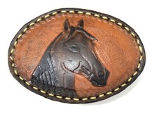 Vintage Leather Hand Tooled/Carved Horse Portrait - Western Cowboy Belt Buckle