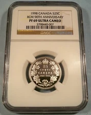 1998 25c CANADA NGC PF 69 ULTRA CAMEO SILVER QUARTER PROOF 90th ANNIVERSARY RCM