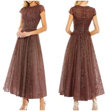 Mac Duggal NWT Brown Embellished Cap Sleeve A Line Dress 10 High Neck Jewels