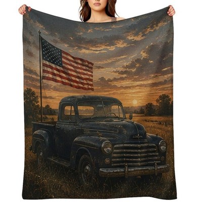 280 GSM American Flag Vintage Truck Flannel Blanket Rustic Farmhouse Throw