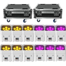 12pcs Wireless LED stage Uplight 6X18W RGBWA UV Rechargeable Par Light w/ Case