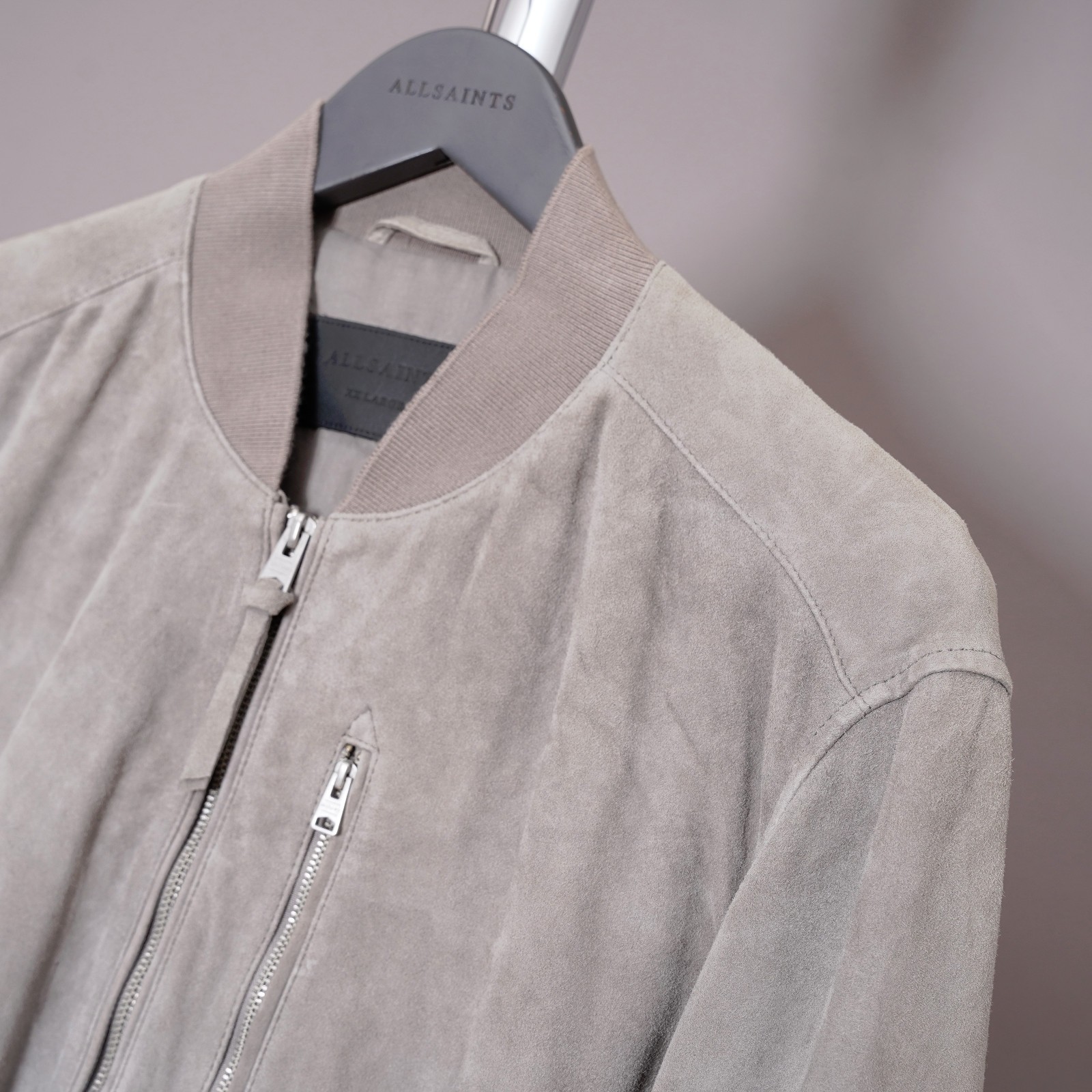 ALL SAINTS Suede Leather Jacket Mens 2XL Grey XXL Biker Bomber Celebrity KEMBLE image 9