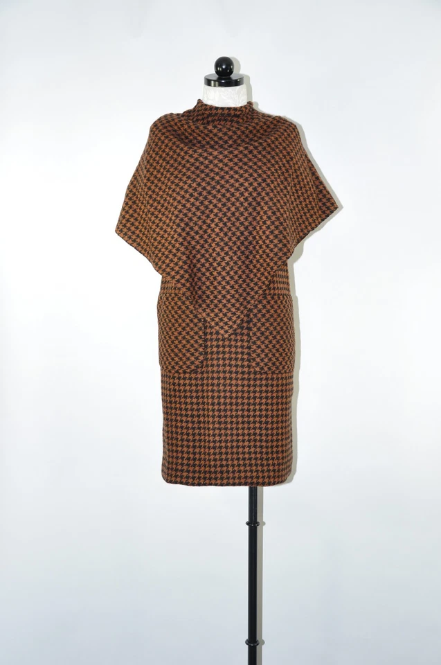 60s Vintage Brown Black Houndstooth Wool Tweed Short Sleeve Sheath Dress Women M - Image 3 of 4