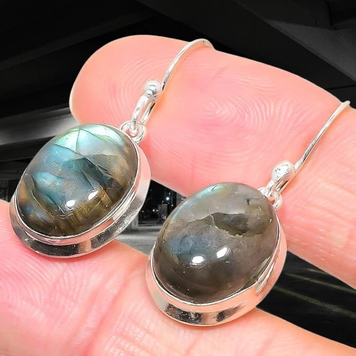 Pendiente de plata de ley 925 con piedras preciosas de labradorita natural 1,54" V410 Foto 3 de 4