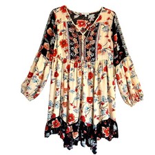 Patrons Of Peace Sz M Long Sleeve Floral Dress Ruffle Hem Boho Festival