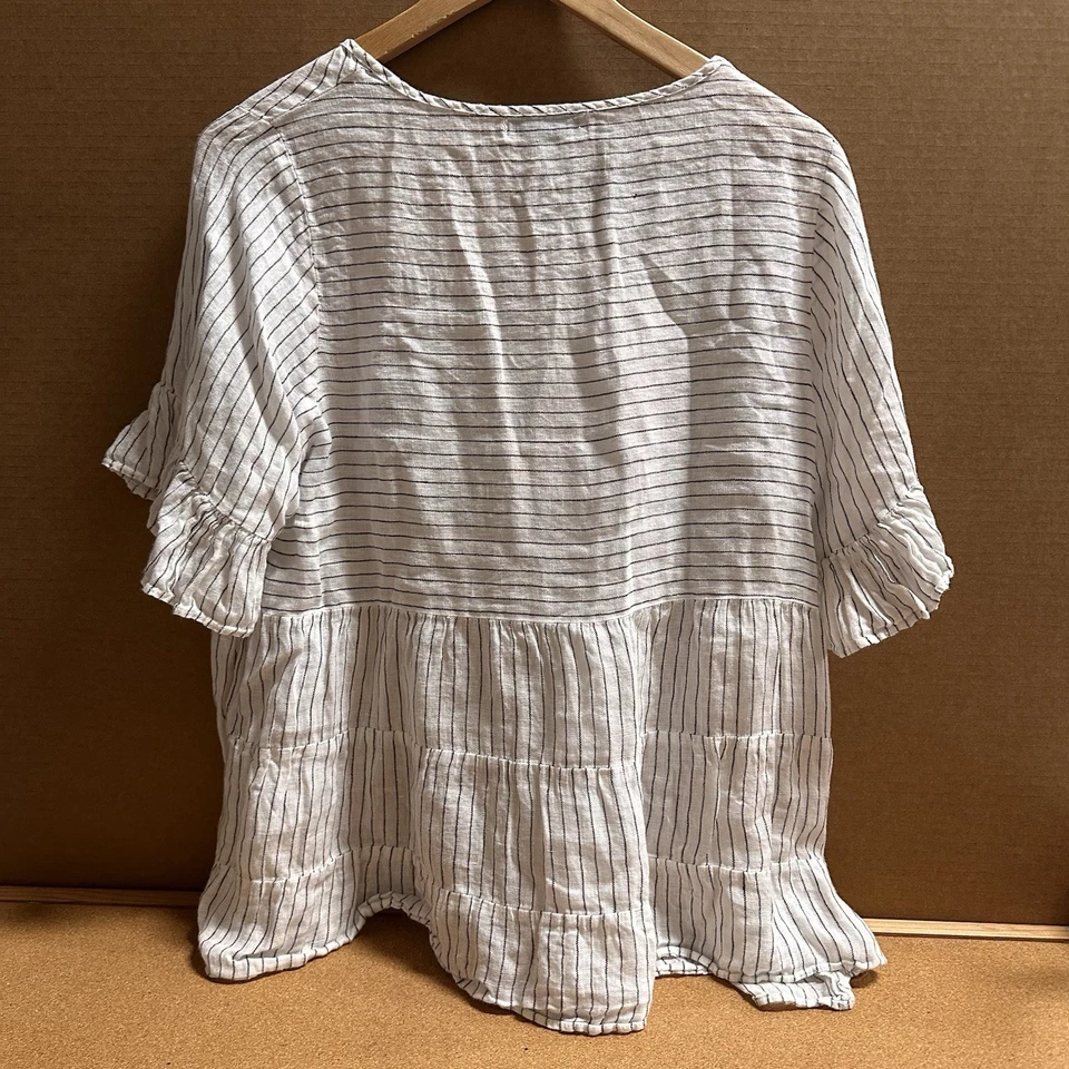Worthier Top Womens S To M White Striped 100% Linen Tunic Peasant Flowy Tiered - image 2 of 4