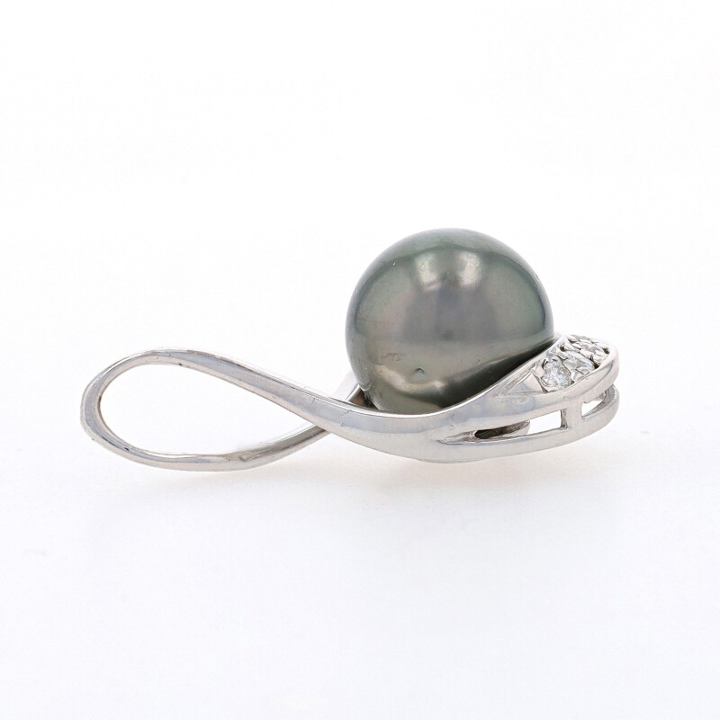 Maui Divers Tahitian Pearl & Diamond Pendant - White Gold 14k Round .20ctw Swirl View 2