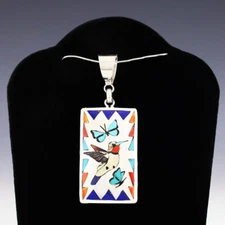NATIVE AMERICAN ZUNI STERLING SILVER & INLAY HUMMINGBIRD PENDANT BY QUINTIN QUAM