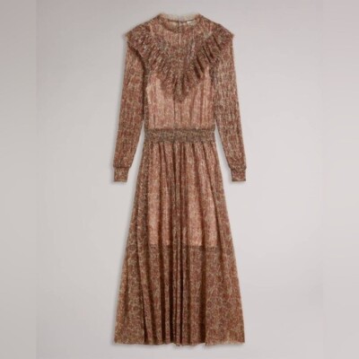 NWT TED BAKER Debbix Long Sleeve Midi Dress With Frill 8