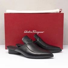 Salvatore Ferragamo Malfa 20 Black Leather Flat Mules Size 7 D
