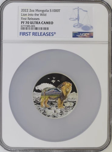 2022 Mongolia  NGC 70 FR Into the Wild Lion 2oz Silver Coin with Mintage of 999