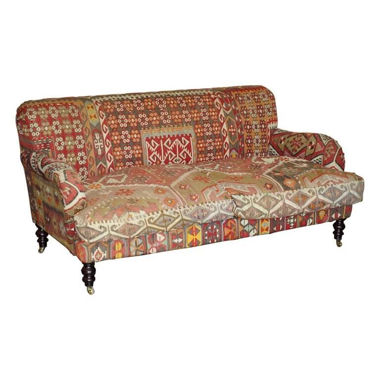 Vintage George Smith Kilim Upholstered Three Seat Couch or Sofa Feather Cushions