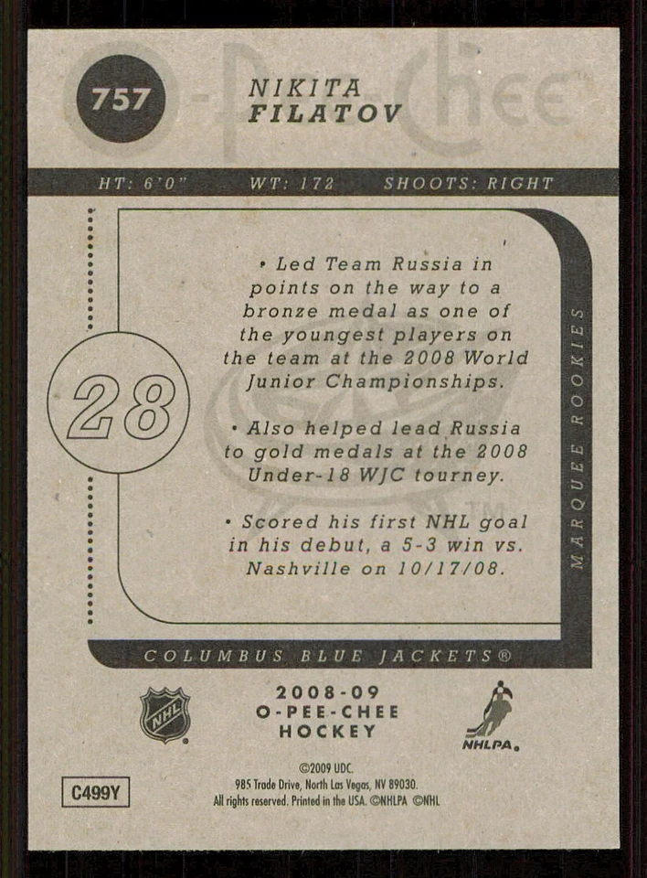 2008-09 O-Pee-Chee #757 Nikita Filatov RC - Image 2 of 2