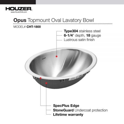 Fregadero de baño ovalado de montaje superior de acero inoxidable Houzer Opus de 18" sin - Imagen 4 de 5