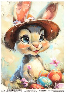 Reispapier A4 Strohseide Decoupage Oster lustige Hasen Comic Hut Kinder RE6869