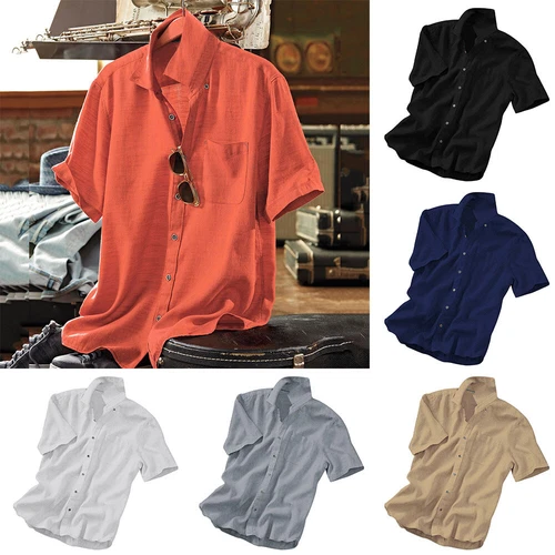 Mens Button Down Shirts Short Sleeve Linen Cotton Casual Summer Beach Shirt Tops