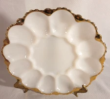 VTG Anchor Hocking Gold Edge Trim White Milk Glass Deviled Egg Plate 10"