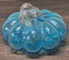 Glitzhome Blue Art Glass Pumpkin Metallic Stem Accent Fairy Fall Decor Gourd 8"